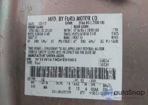 2013 Ford F-150 Xlt из США, поврежденный, VIN 1FTFW1ET9DKE61063